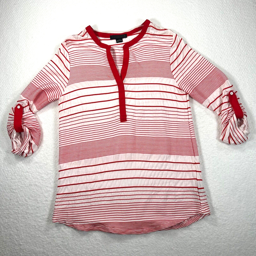 Sanctuary Stripe Top Roll Tab Sleeve V-Neck Womens Small Red White
